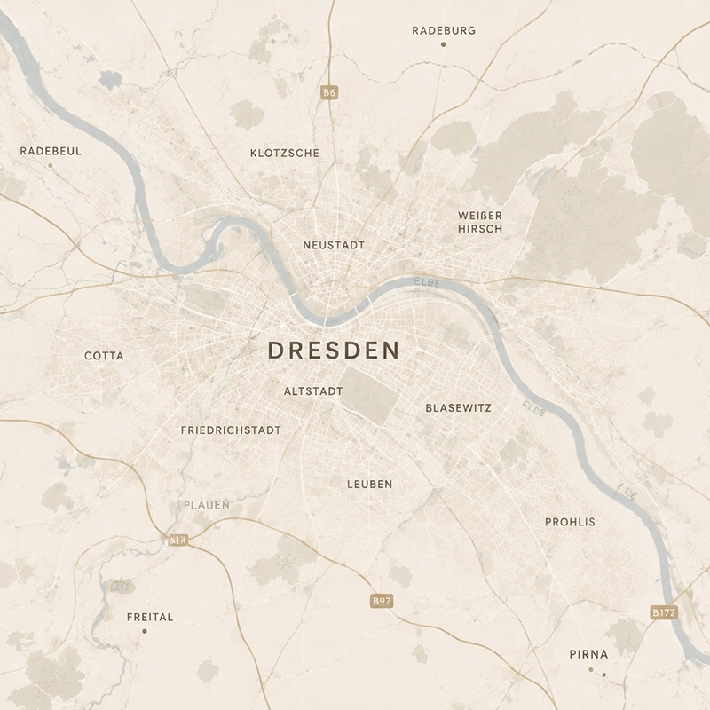 Stadtplan von Dresden entlang der Elbe mit Altstadt, Neustadt, Klotzsche, Blasewitz, Cotta, Friedrichstadt und Prohlis sowie Radebeul, Freital und Pirna im Umland — Liefer- und Montagegebiet von MAGUBO.